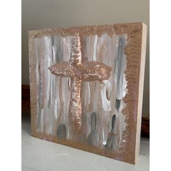 SALE Gold Cross Wood Painting HandPainted Wall Art 5x5 Block Textured White Gold - Picture 7 of 8